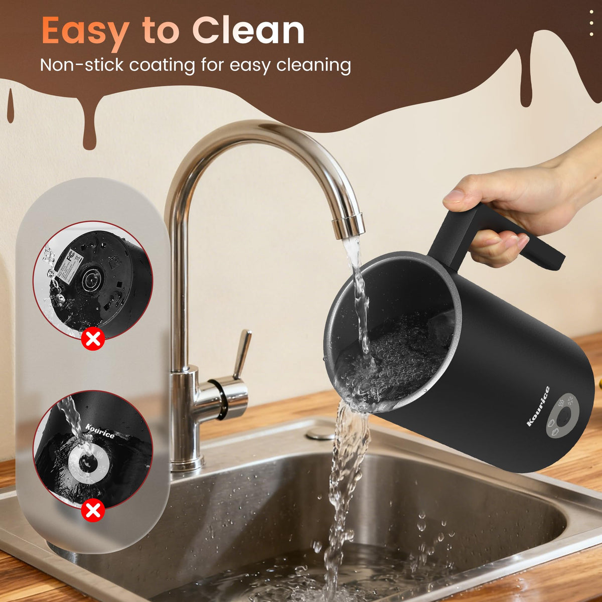 Kourice Milk Frother 4-in-1 non-stick interior for easy cleaning