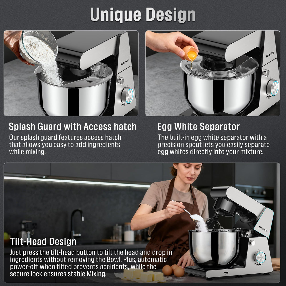 6.5QT bowl with handles provides ample room for family-sized recipes