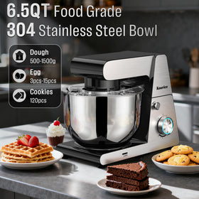 Premium accessories include dough hook and whisk for versatile baking