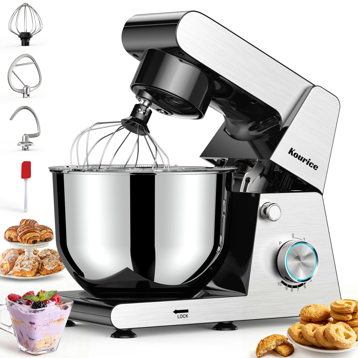 Kourice stand mixer with stainless steel cladding for durable, professional-grade baking