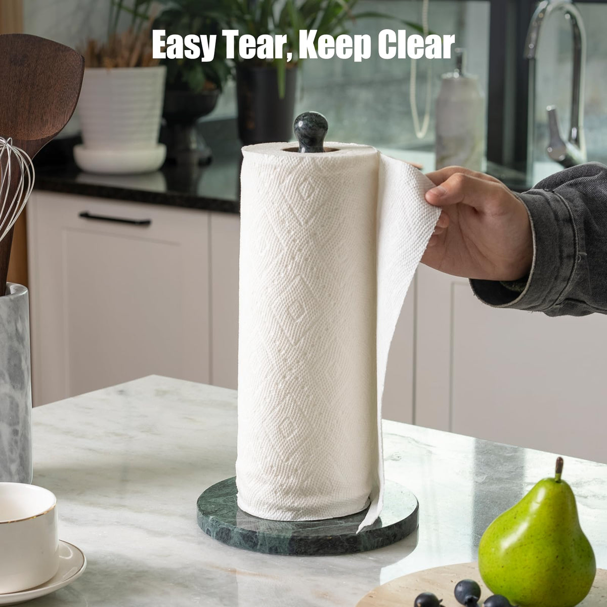 Koville Alpi Green marble paper towel holder in a kitchen setting.