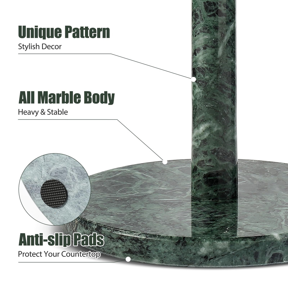 Koville Alpi Green marble paper towel holder side view highlighting height for dispensation.