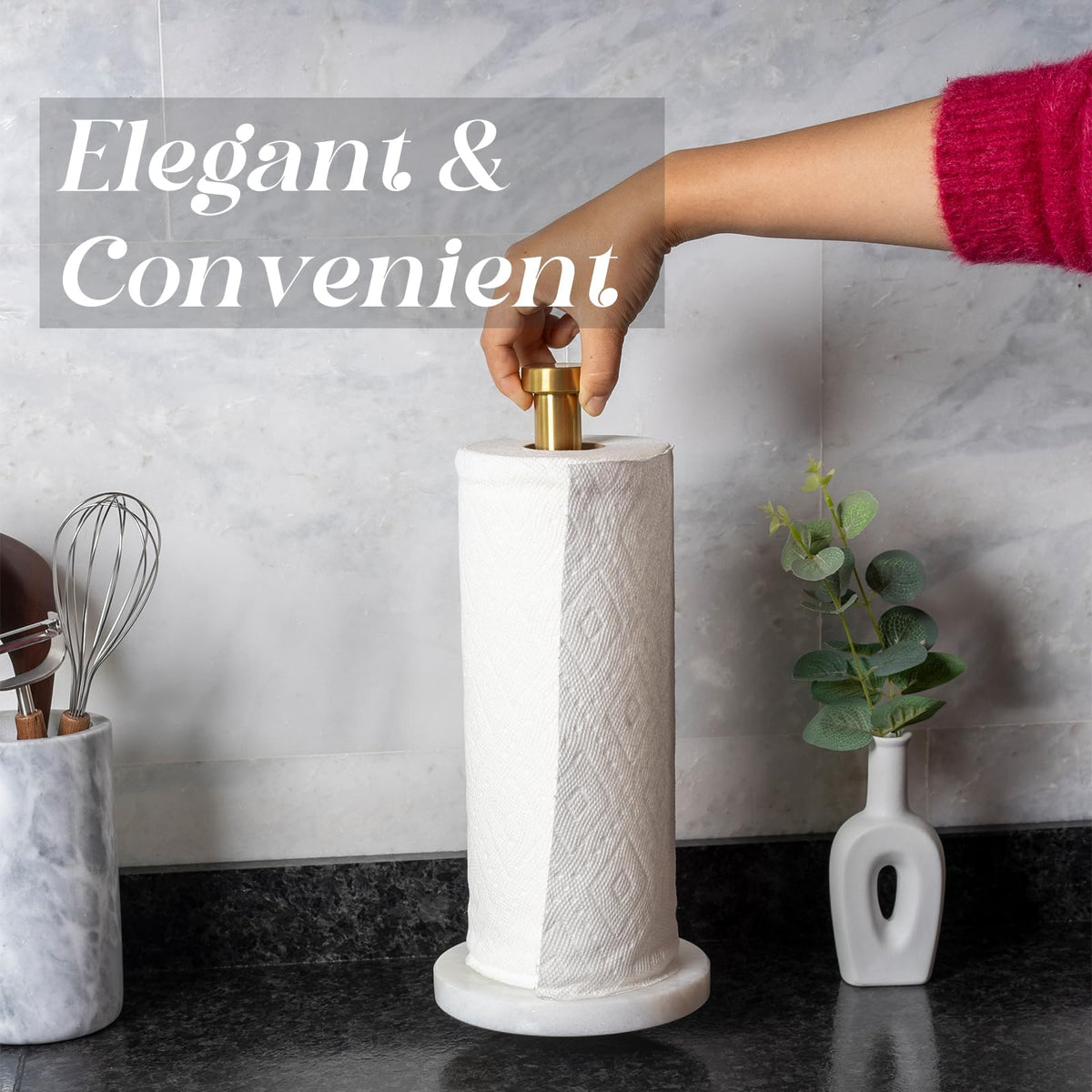 Countertop stand fits standard and jumbo rolls for versatile use.