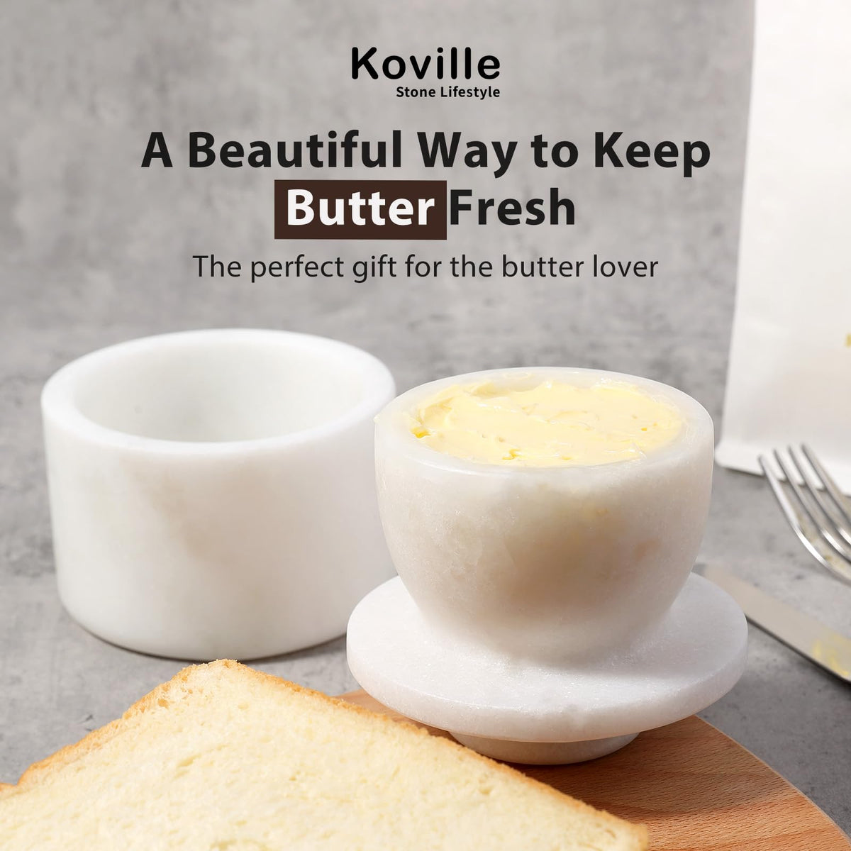 Koville heavy-duty marble butter container emphasizing weight and stability