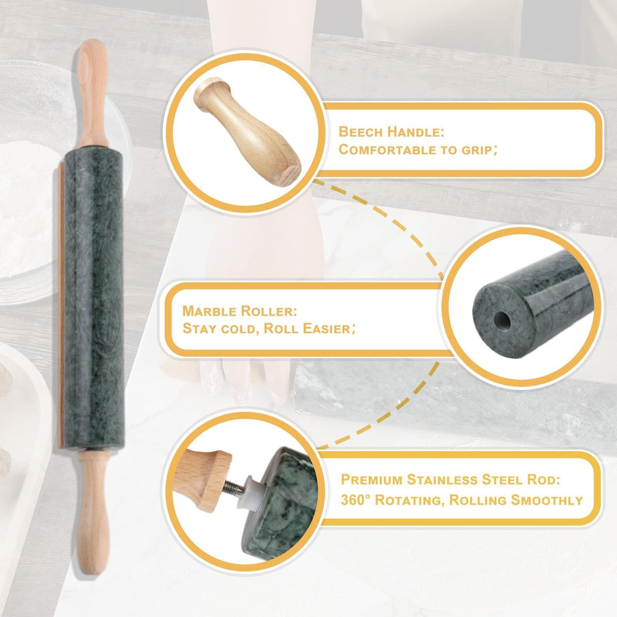 Koville heavy rolling pin weighs 2.87 lb for stable rolling.