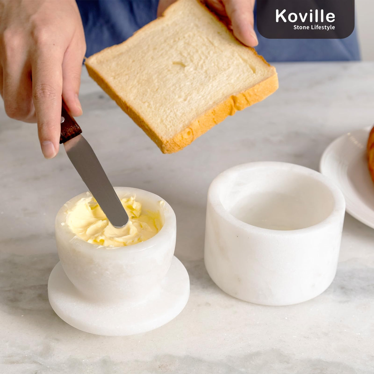 Koville marble butter jar closeup showing natural veining