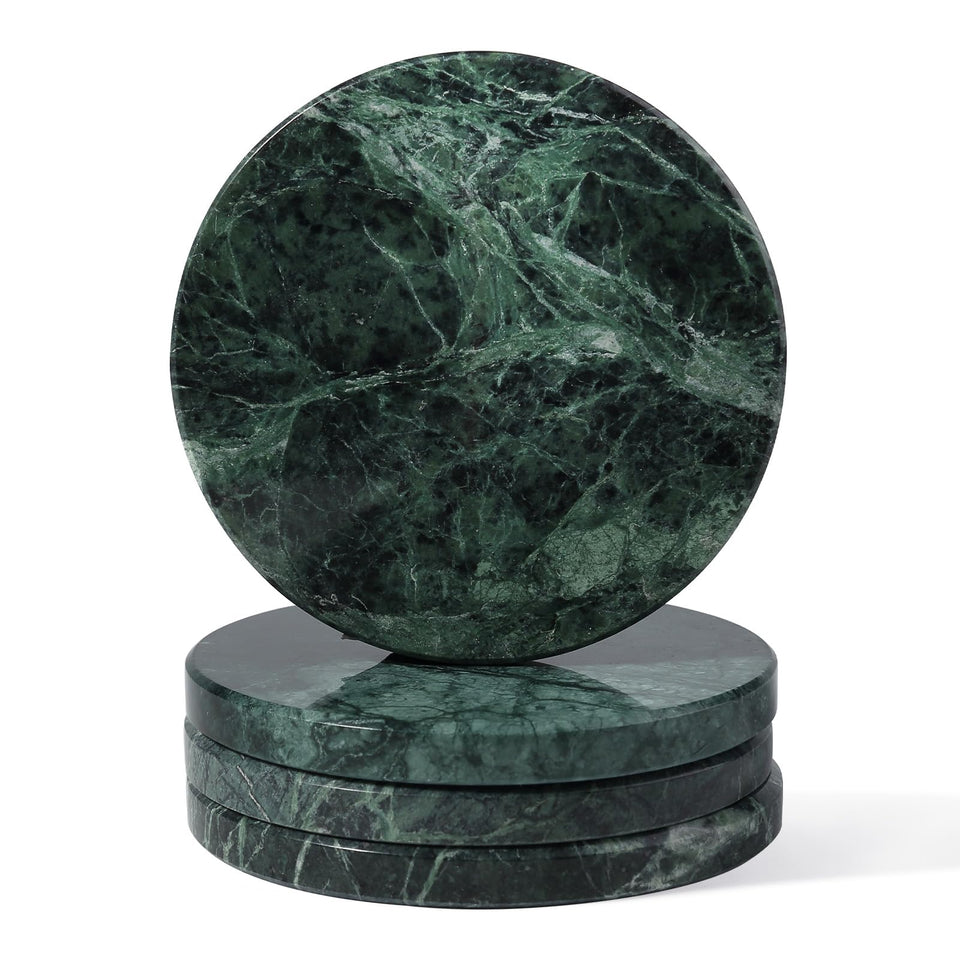 Koville marble coasters—round 4-inch, surface protection and natural veining.