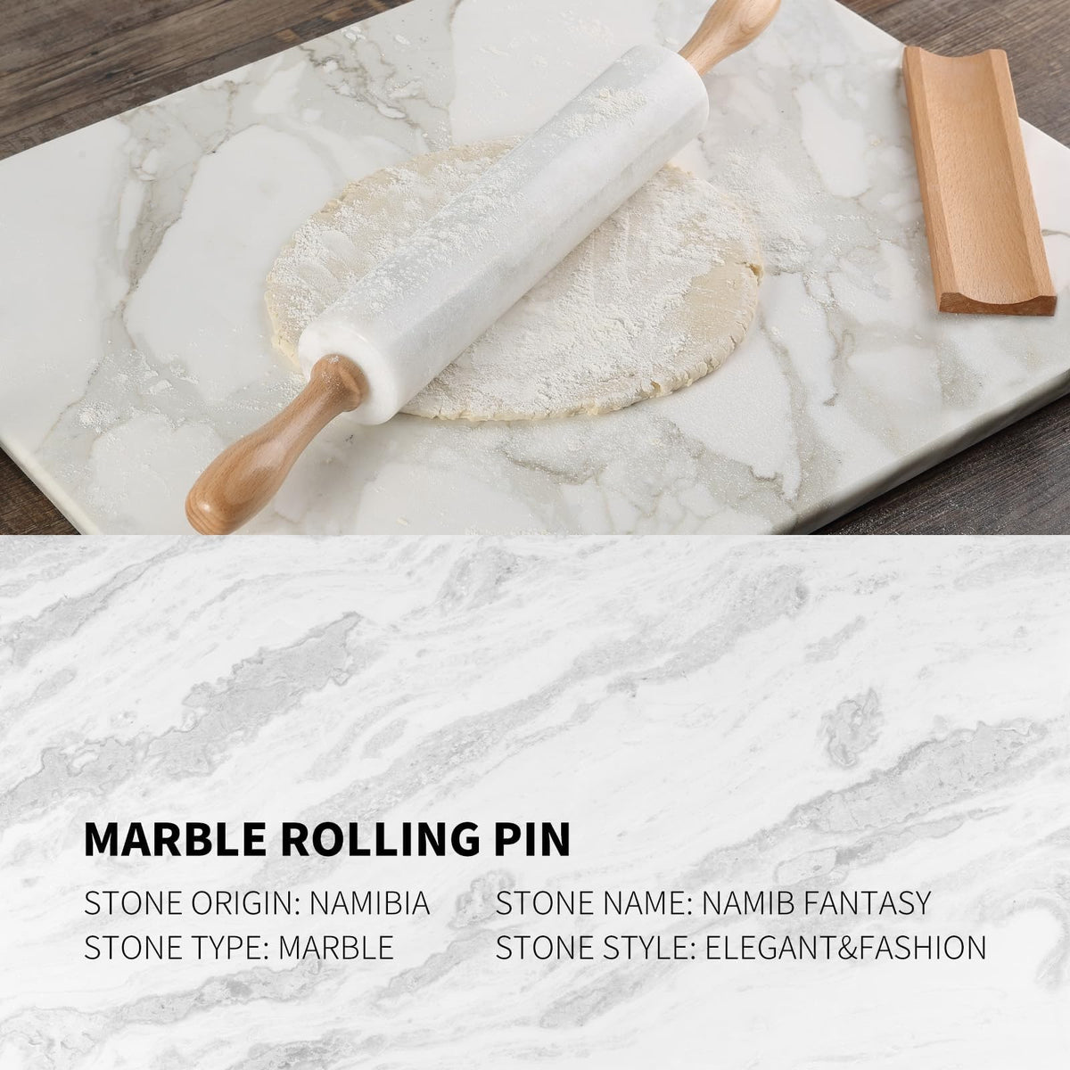Koville Marble Rolling Pin in use, rolling dough smoothly.