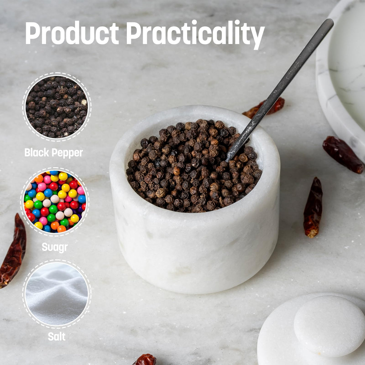 Koville open-lid marble jar offers easy-access spice storage.