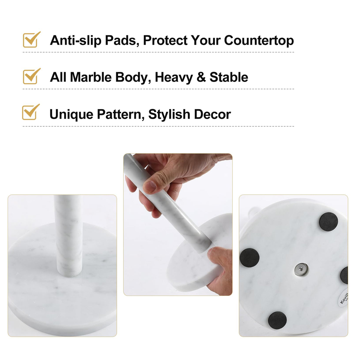 Koville paper towel holder front view emphasizes a sturdy countertop presence.