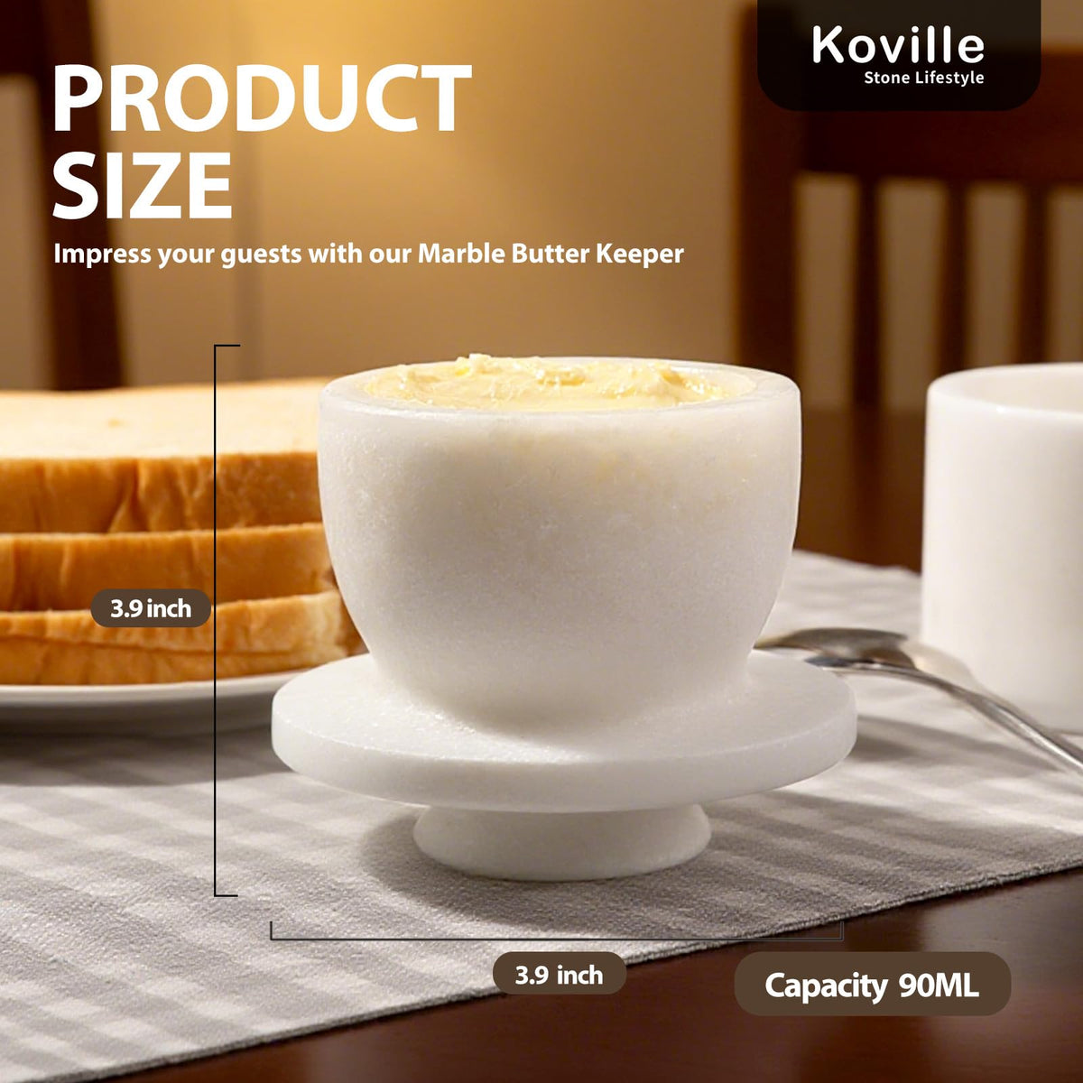 Koville white marble butter keeper side profile showing sturdy craftsmanship
