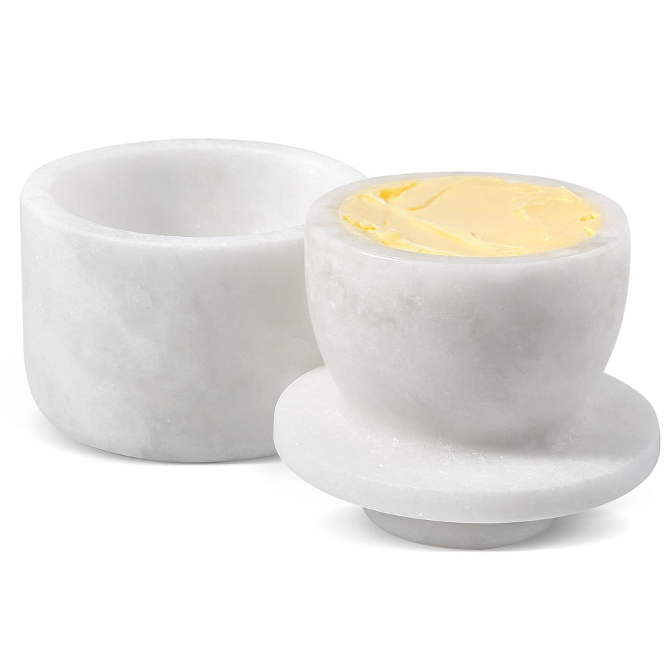 Koville white marble butter keeper top view highlighting natural veining and elegant kitchen style