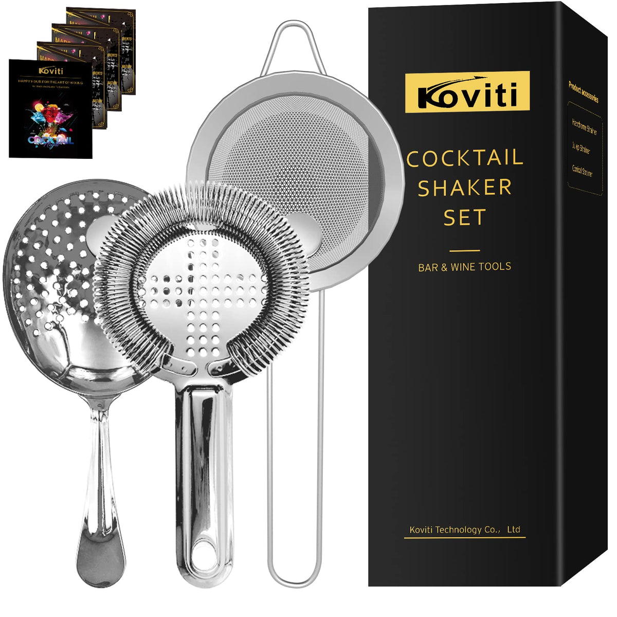 Koviti Hawthorne strainer on bar setup for smooth cocktail pouring.