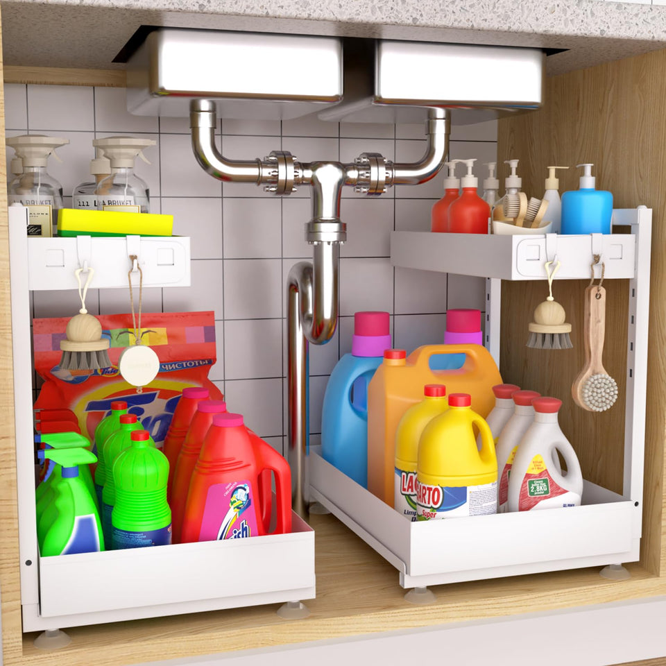 Kovryx under-sink organizer two-tier metal saves space for tall bottles.