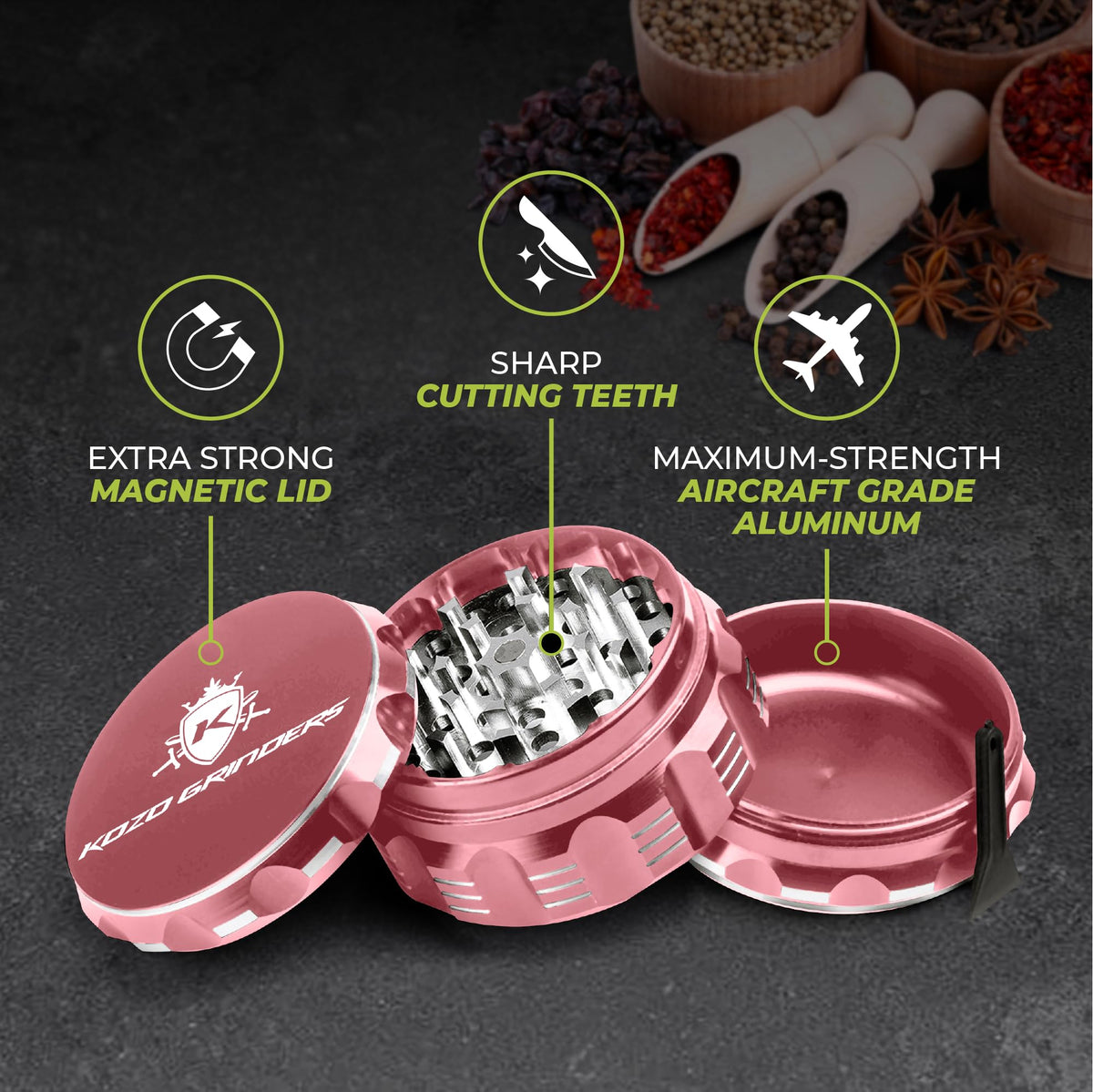 KOZO grinder rose gold aluminum body highlights durability