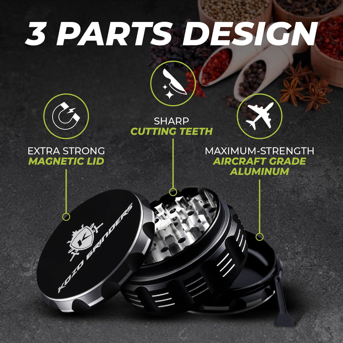 KOZO 3-inch grinder holds large amounts for busy kitchens.