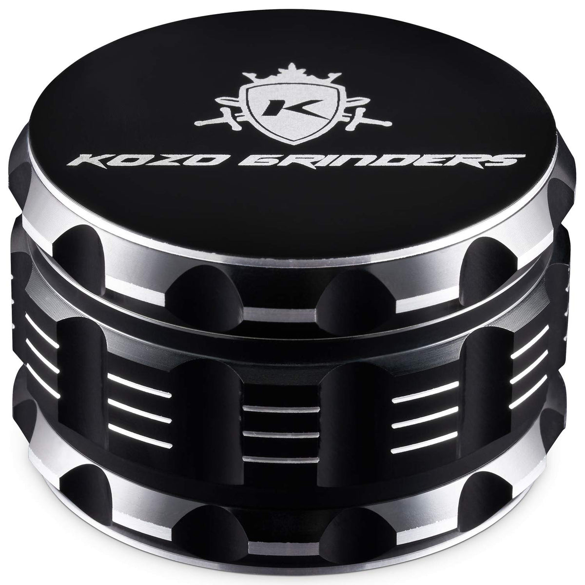 KOZO 3-inch grinder with magnetic lid for mess-free grinding.