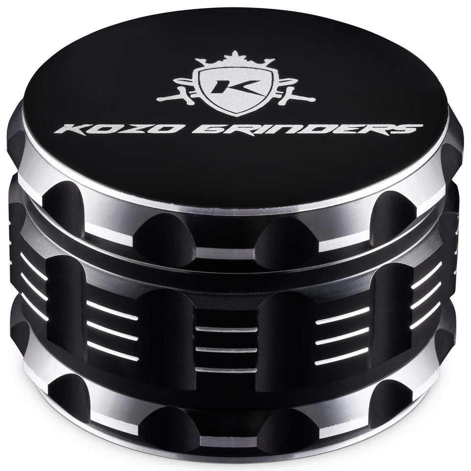 KOZO 3-inch grinder with magnetic lid for mess-free grinding.