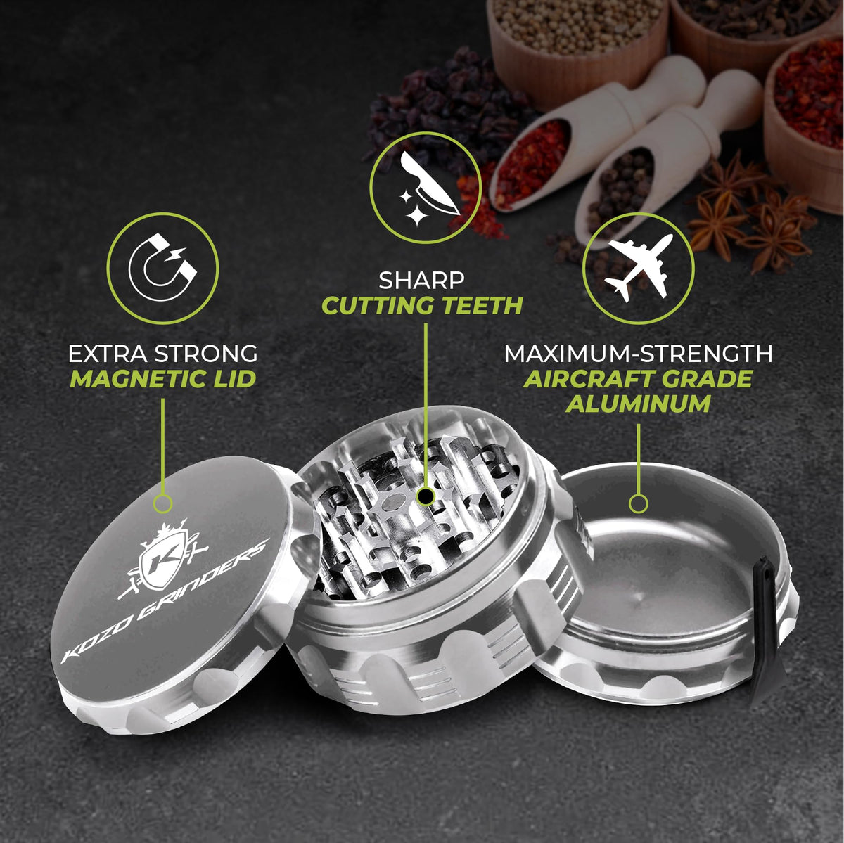 Kozo Grinder Mills aluminum with sharp teeth for efficient grinding.
