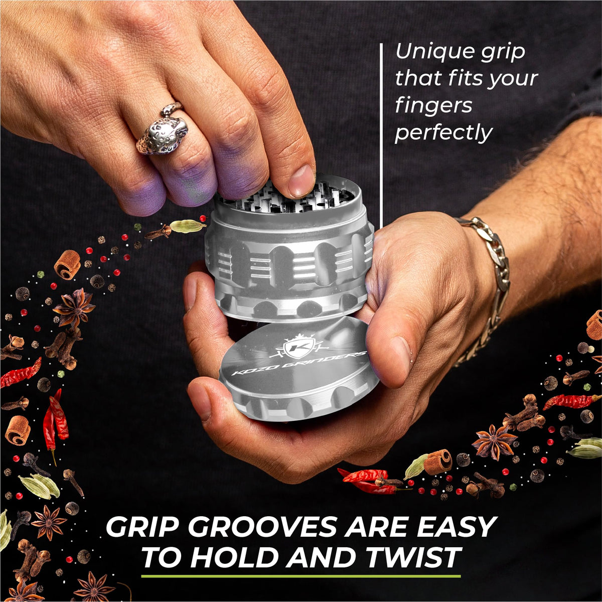 Kozo Grinder Mills aluminum versatile for multiple kitchen tasks.