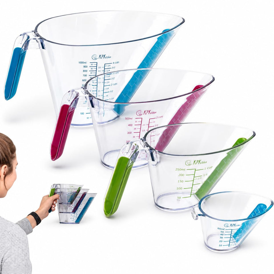 KPKitchen angled liquid cups viewed from inside angle for easy top-view measurements.