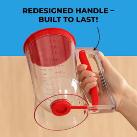 KPKitchen pancake dispenser batter-flow red demonstrates smooth consistency when pouring.
