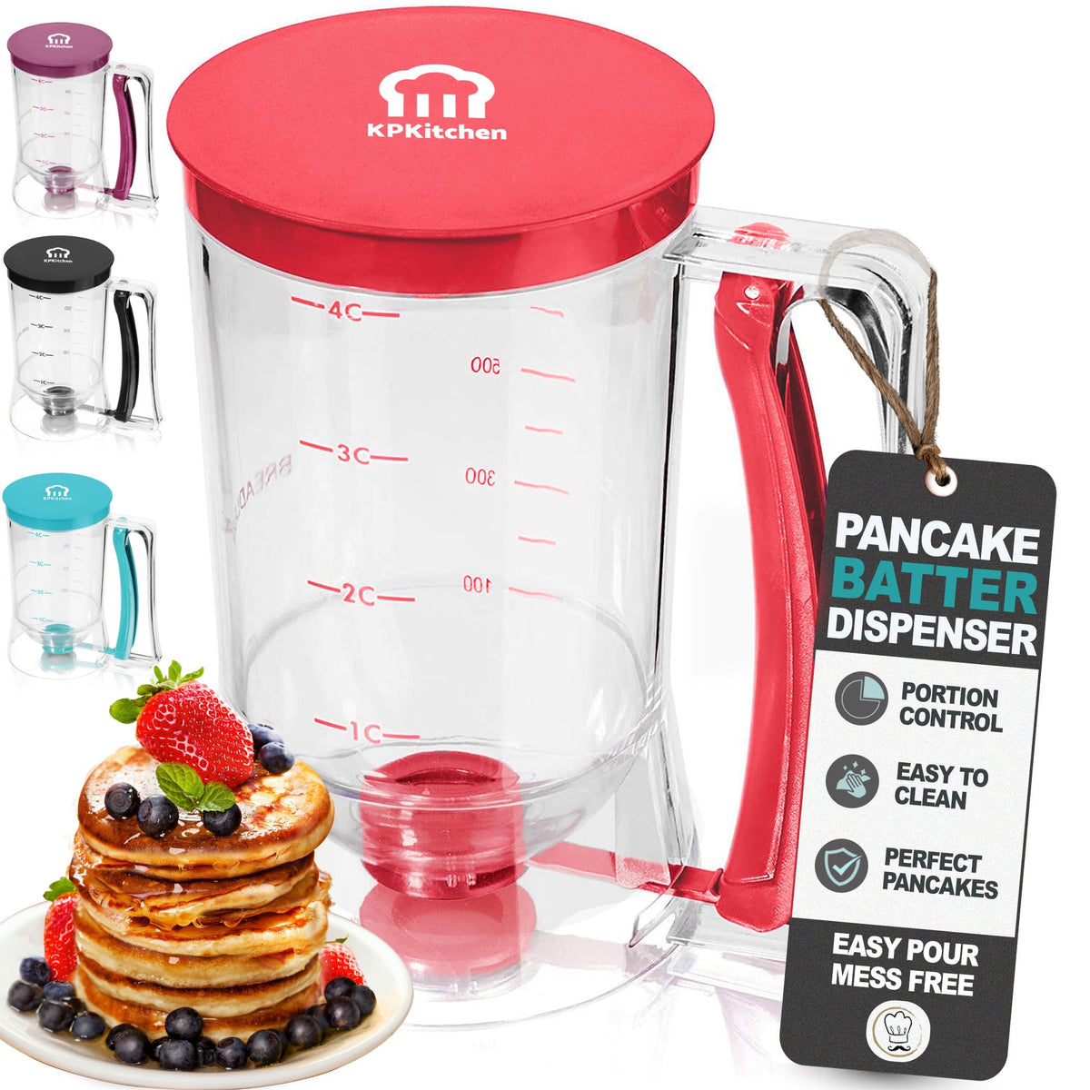 KPKitchen pancake dispenser front view in red for uniform portions.