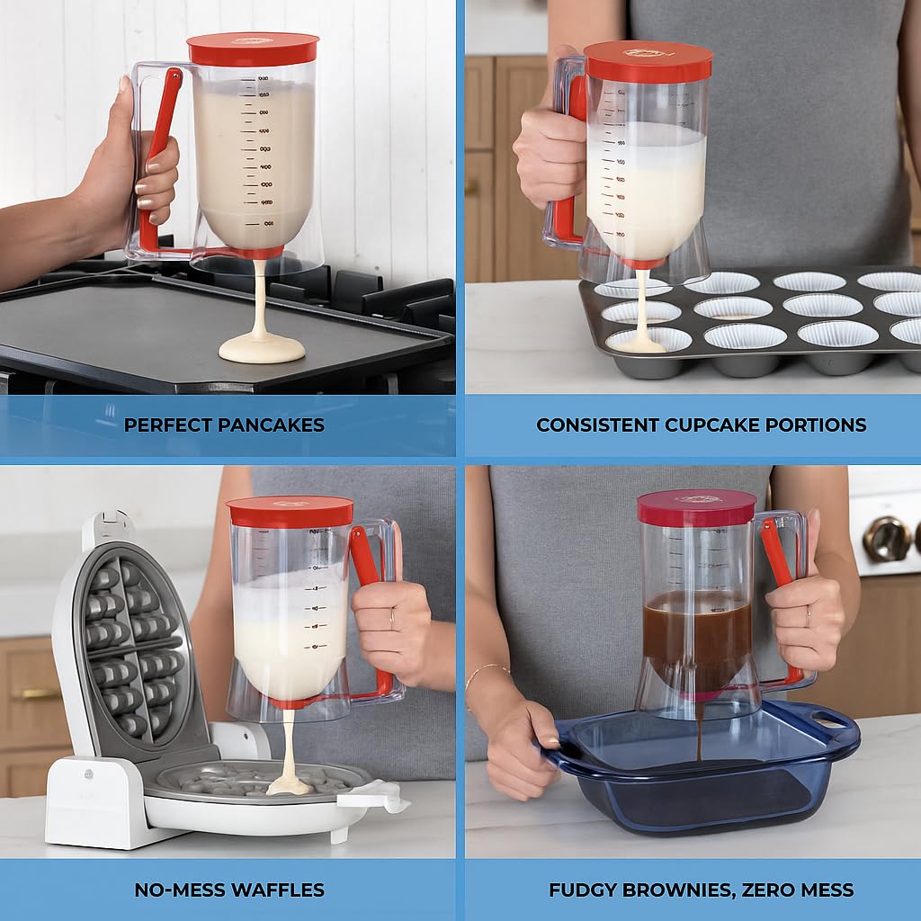 KPKitchen pancake dispenser pour-spout red detail enables precise pours.