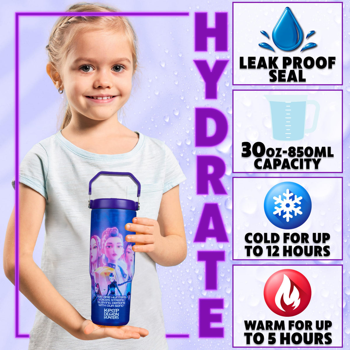 KPop Demon Hunters bold artwork tumbler helps you enjoy drinks at the right temperature.