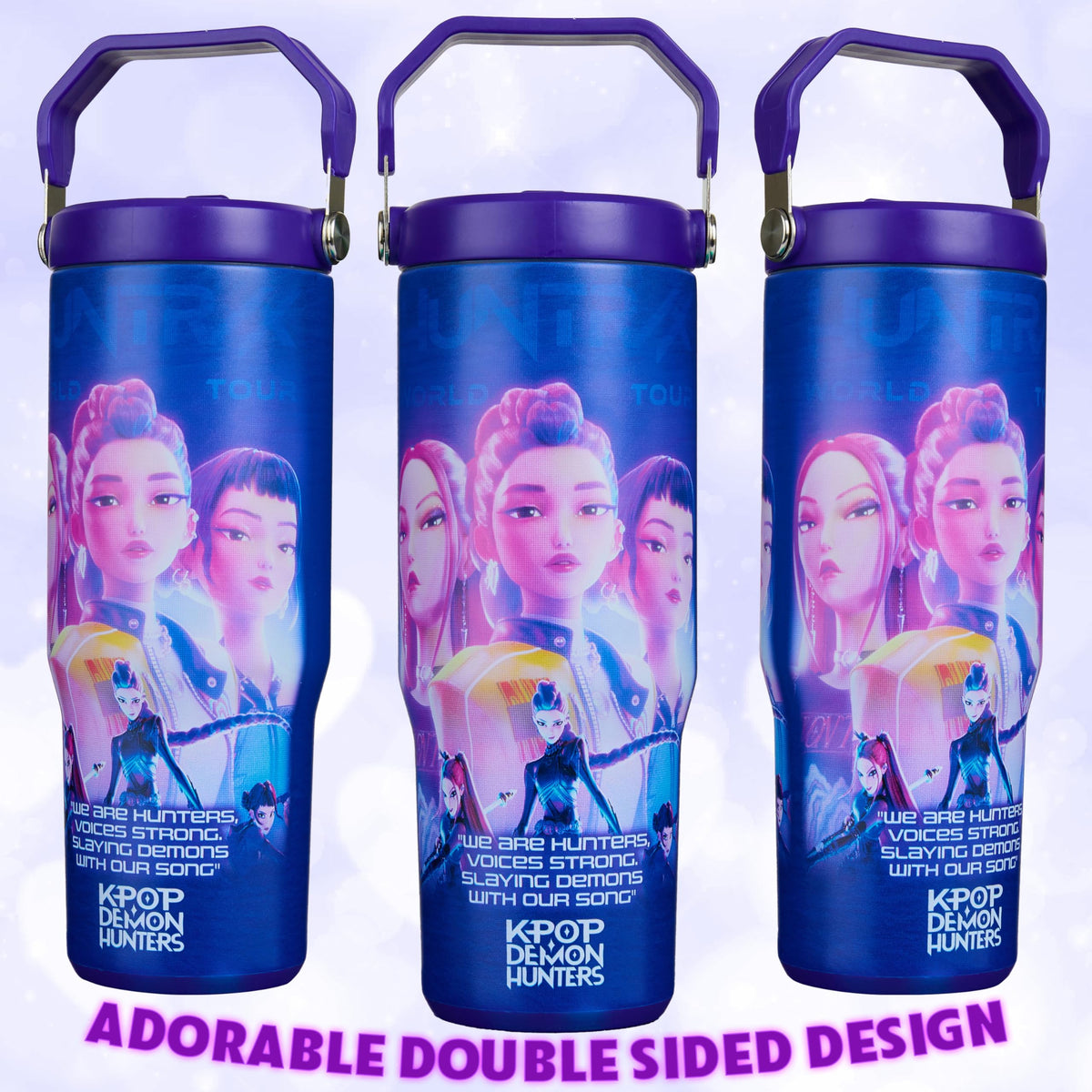 KPop Demon Hunters insulated cup keeps drinks cold or hot during activities.