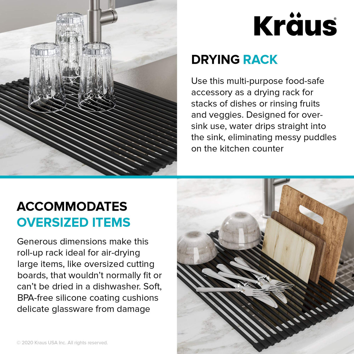 Kraus roll-up rack is dishwasher-safe for easy cleaning.