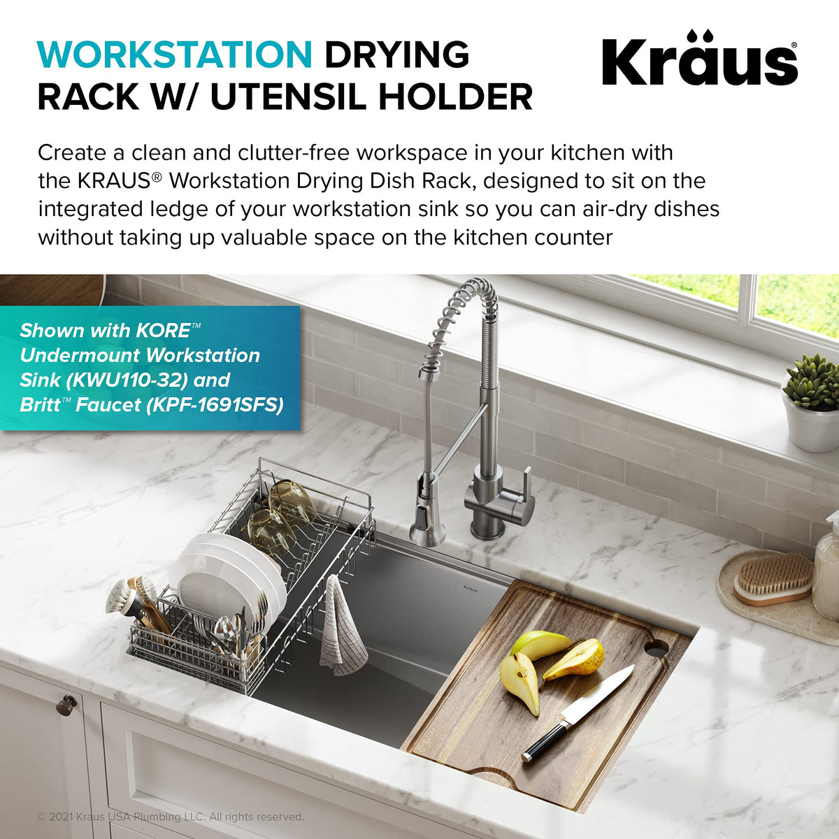 Kraus over-sink dish rack shown with open-grid design promoting faster air-drying