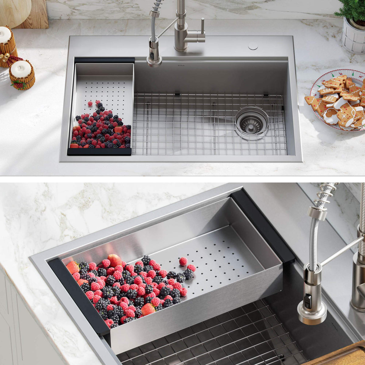 Kraus workstation colander supports heavy-duty tasks with sturdy construction.