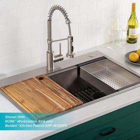 Kraus stainless steel colander (304) for rust-free pasta and produce rinsing.