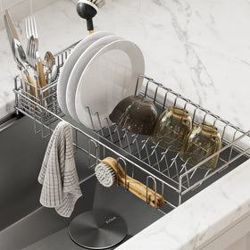 Kraus workstation dish rack with utensil holder over the sink for clutter-free drying