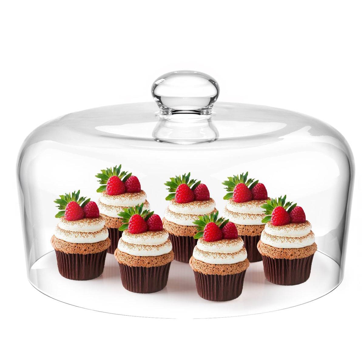 Krbnk 11-inch glass cake dome cover showcasing desserts on a stand for visibility and protection