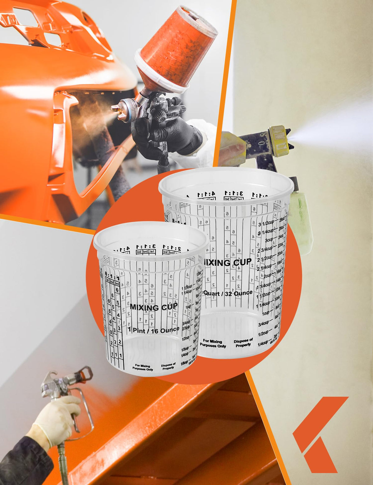 KREFINISH cups with easy-pour design reduce spills and waste.