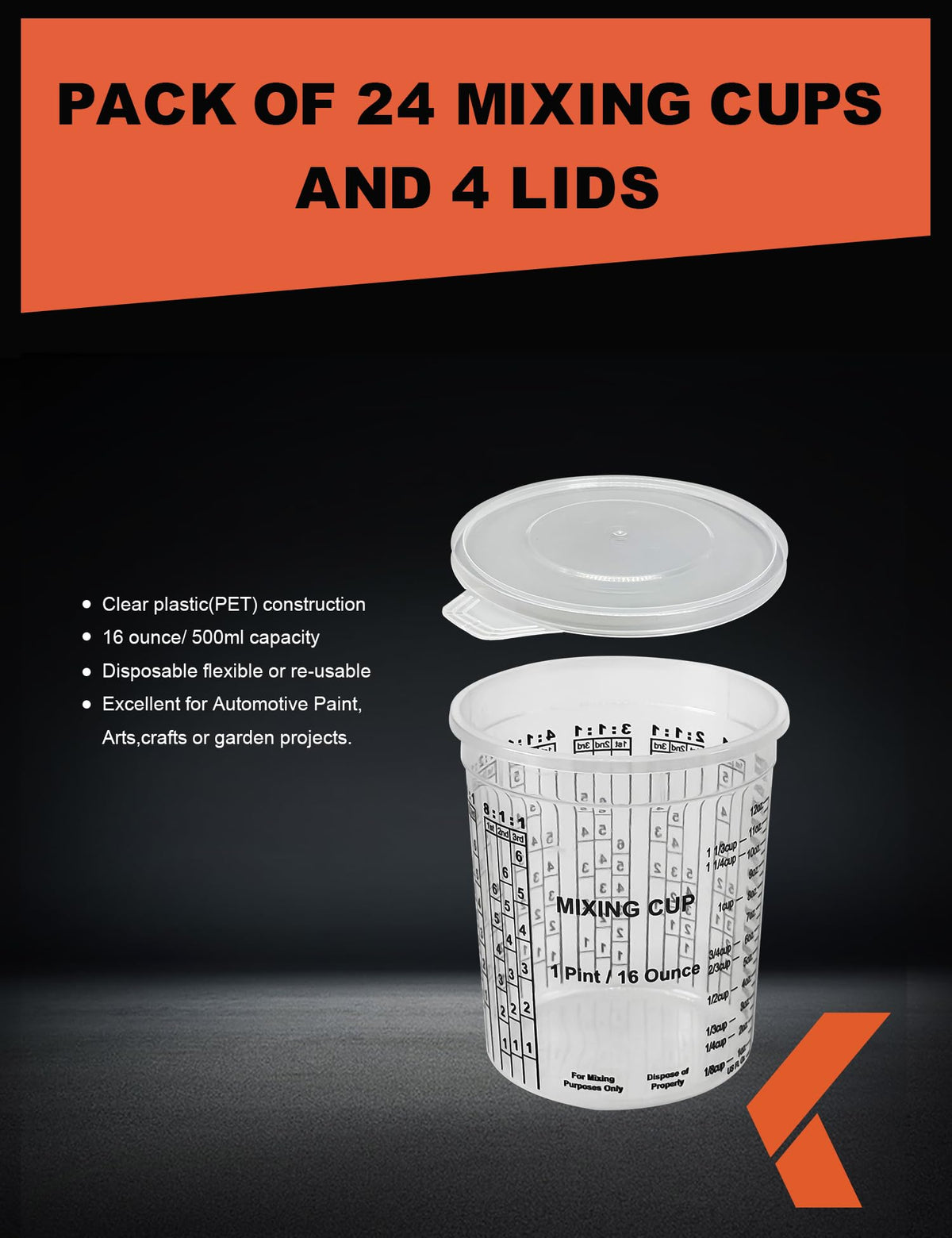 KREFINISH cups display ounce and milliliter ratios for accurate measurements.