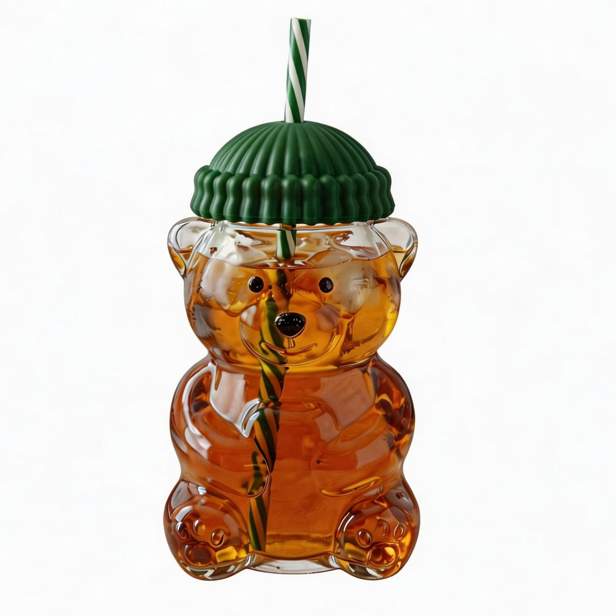 Krewchton Bear Cup 500ml glass tumbler with lid and straw for iced beverages.