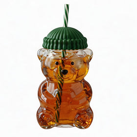Krewchton Bear Cup 500ml glass tumbler with lid and straw for iced beverages.