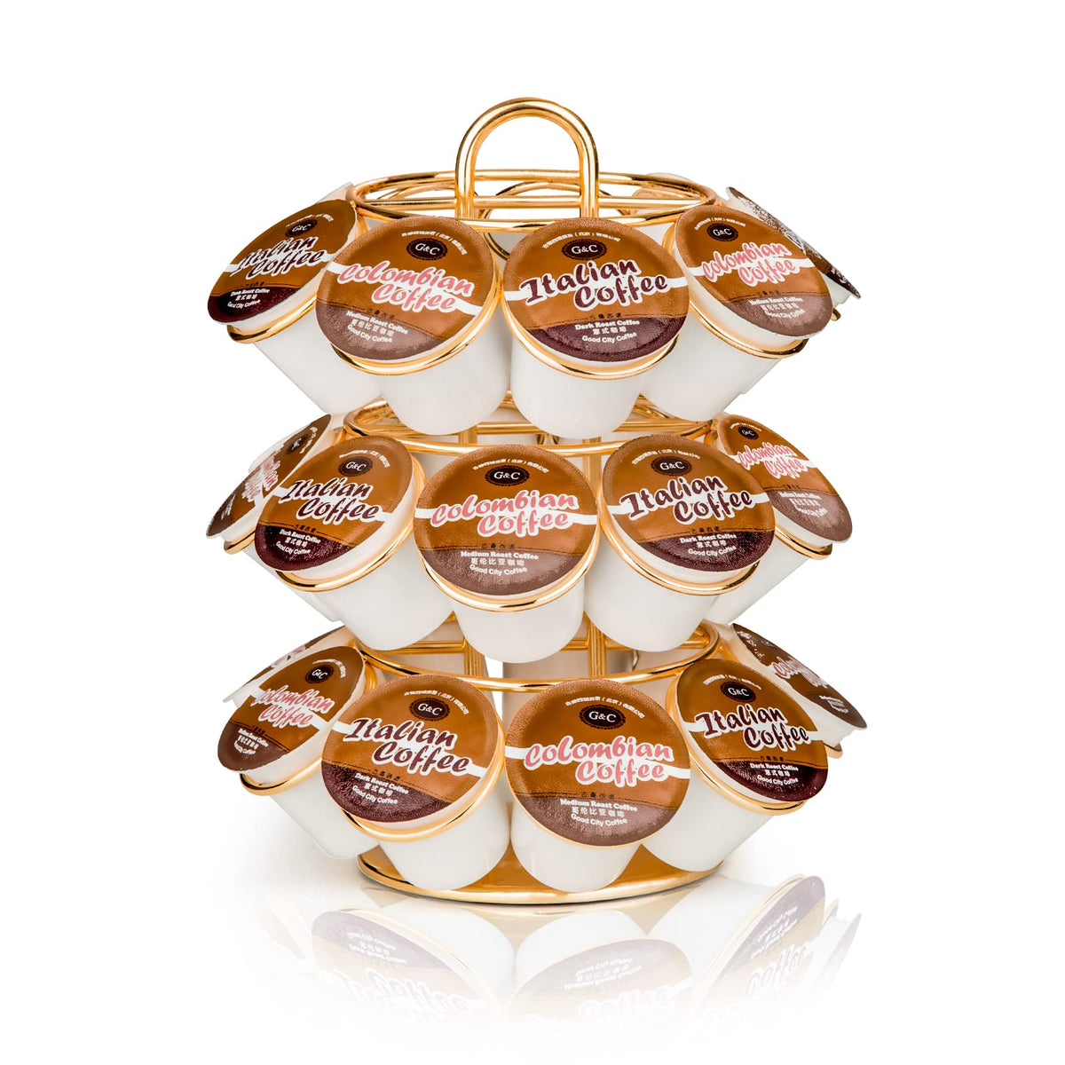 KREWEY coffee pod holder displaying 27 pods in a gold carousel.