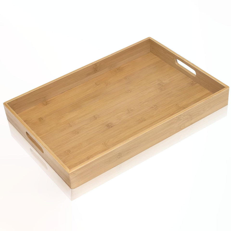 Krismax bamboo serving tray with handles closeup showing easy carry.
