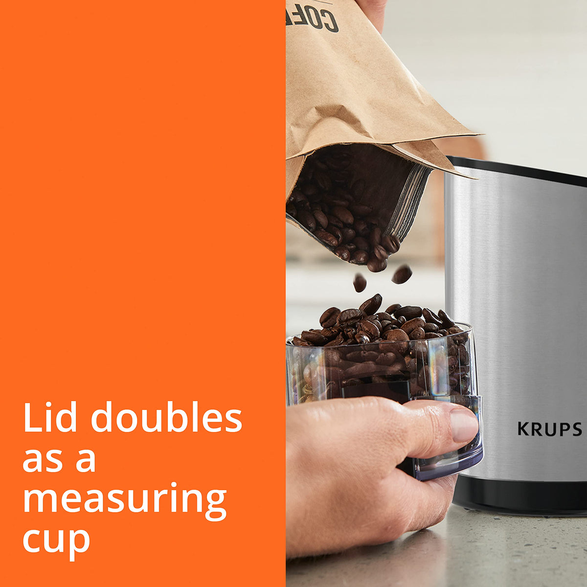 KRUPS compact coffee grinder on a small kitchen counter saving space.