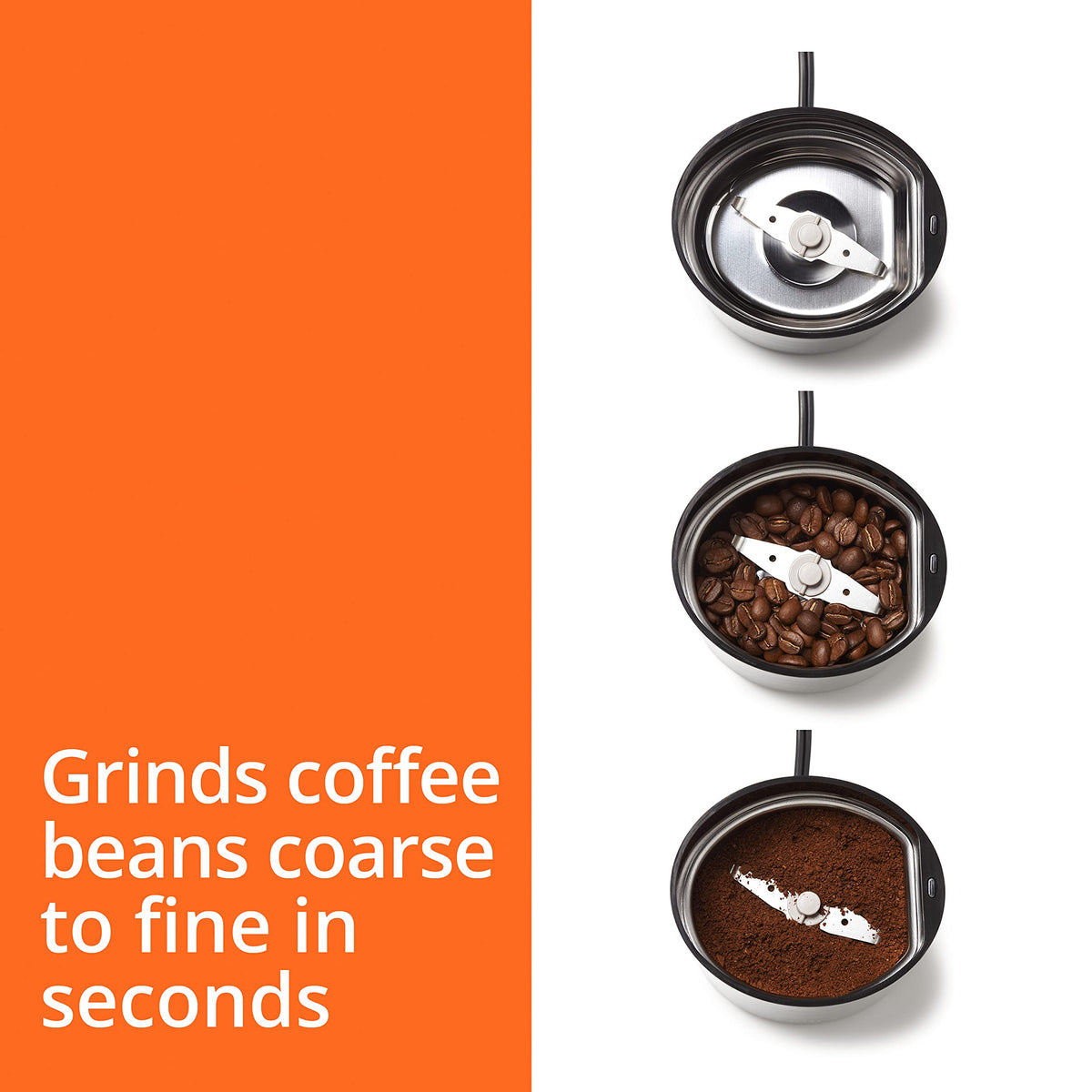 KRUPS coffee grinder showing one-touch control for quick grinding sessions.