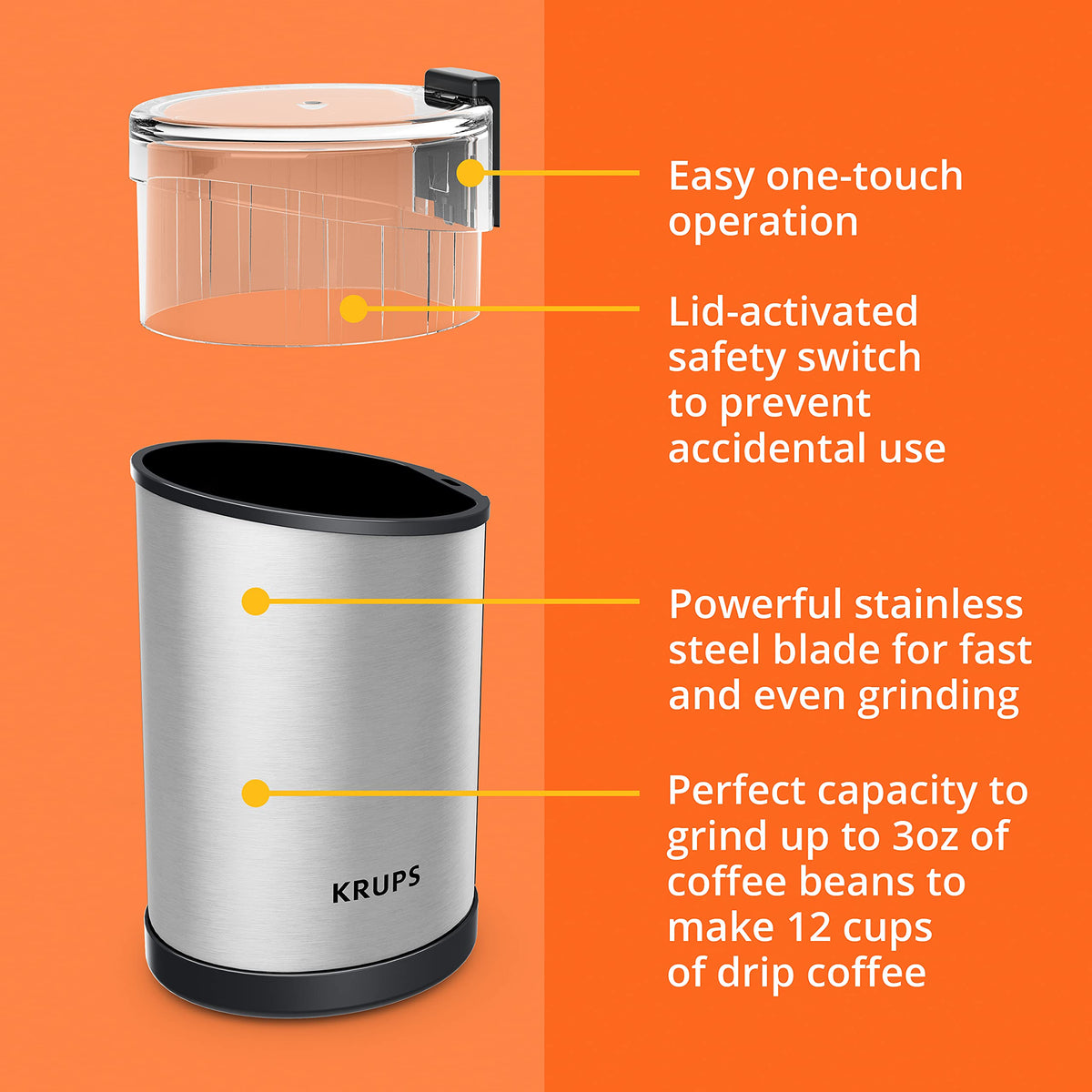 KRUPS safety switch ensures blades run only when the lid is secured.
