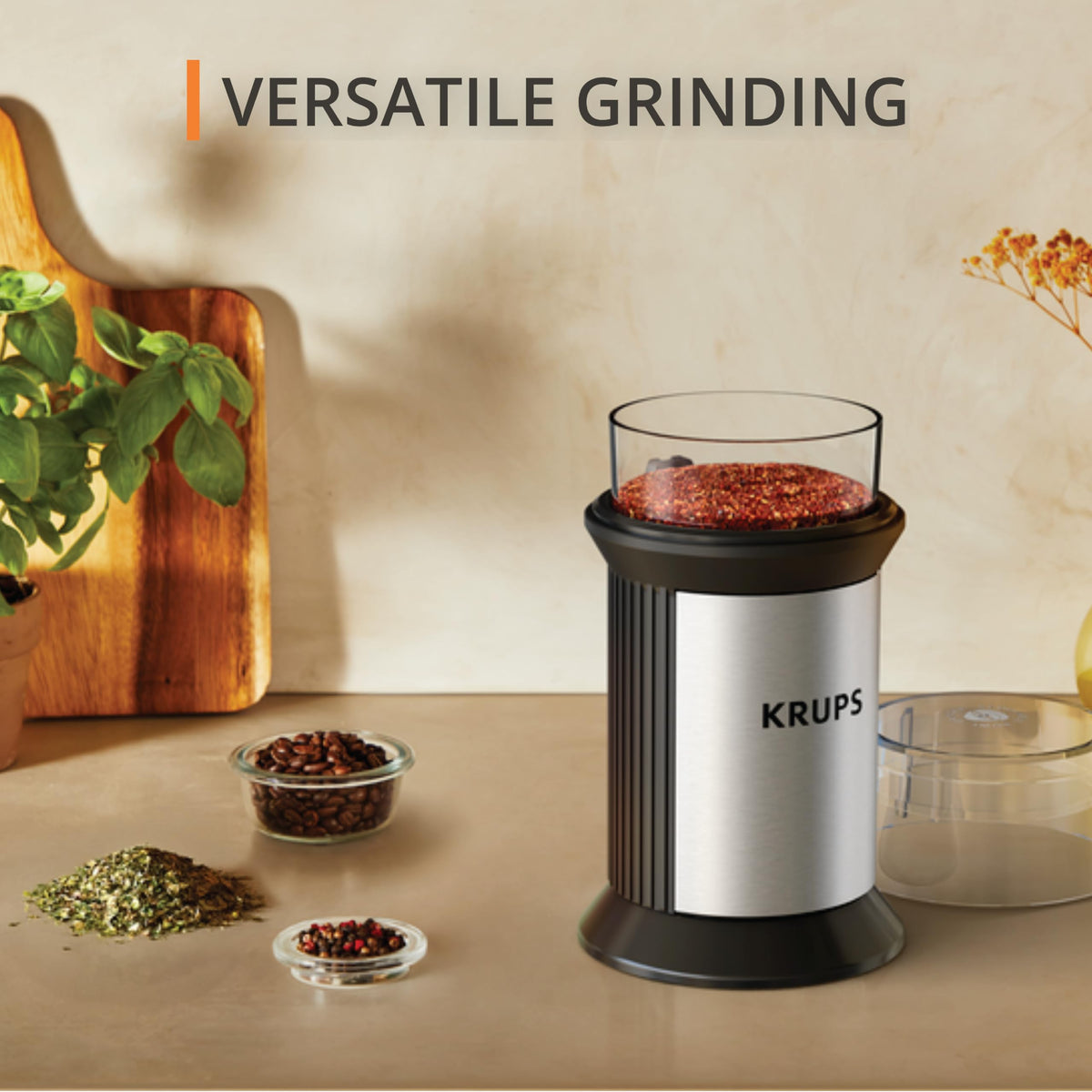 KRUPS electric blade coffee grinder compact design fits small kitchens.