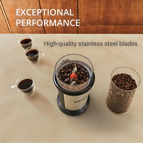 KRUPS electric blade coffee grinder removable bowl highlights easy filling and cleaning.