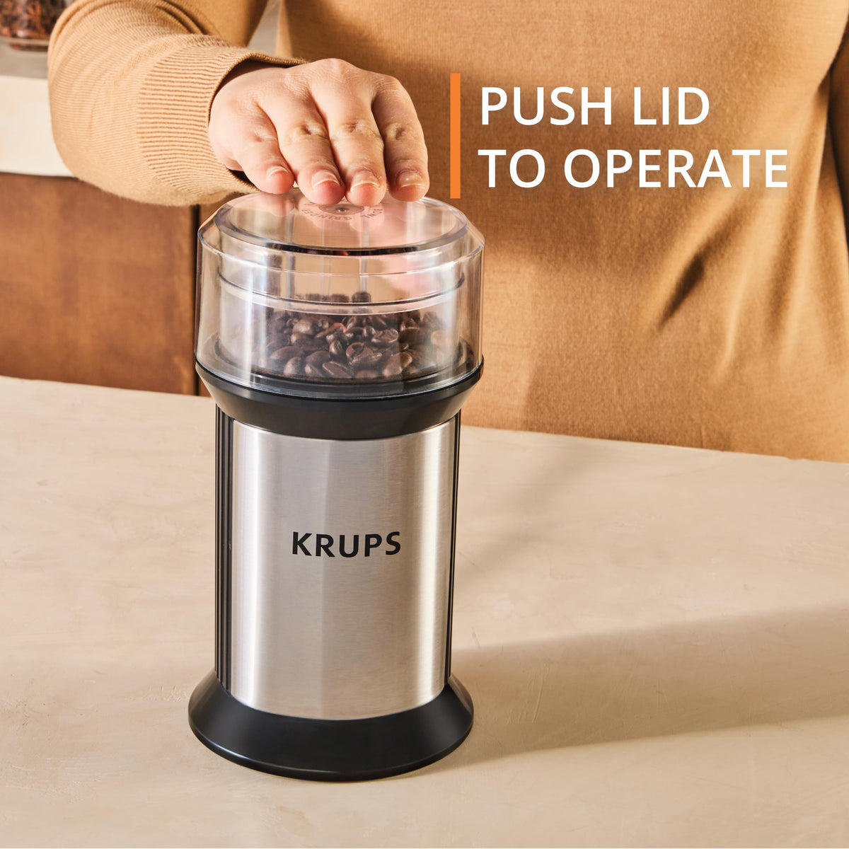 KRUPS electric blade coffee grinder stainless steel blades provide fast, even grinding.