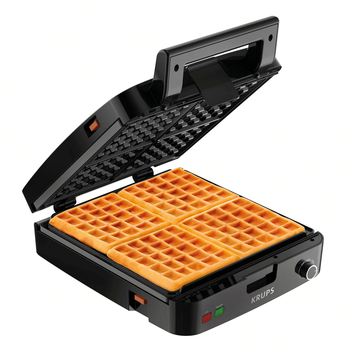 KRUPS four-slice belgian waffle maker, closed lid, showcasing compact stainless steel design for easy storage.