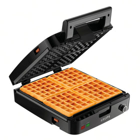 KRUPS four-slice belgian waffle maker, closed lid, showcasing compact stainless steel design for easy storage.